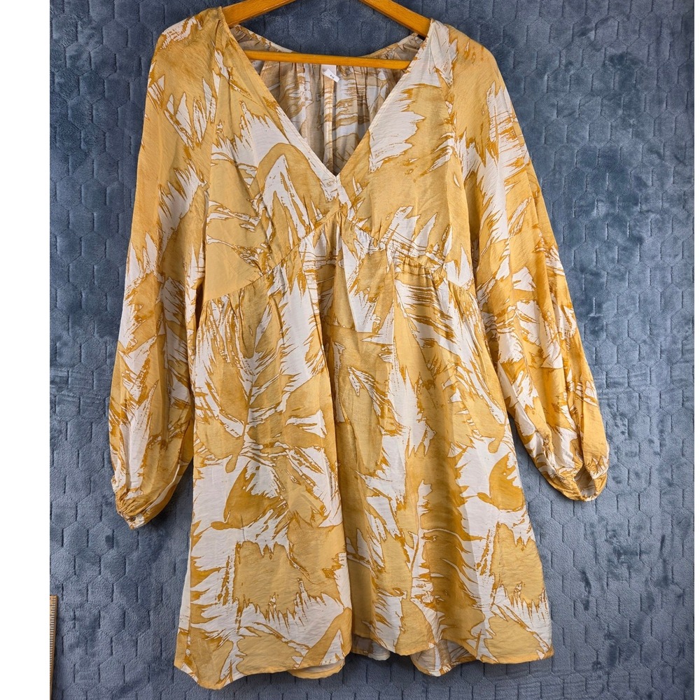 HM Yellow White Abstract Leaf Print V-Neck Babydoll Mini Dress L P/N 1135874 7
